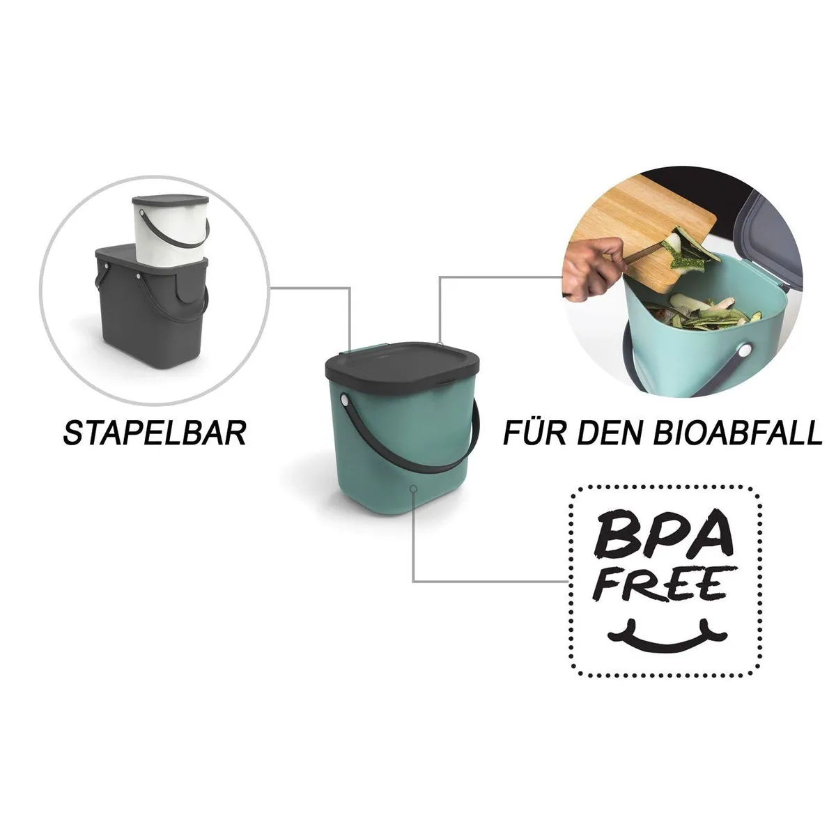 Rotho ALBULA Komposteimer, 6l Fassungsvermögen, praktischer Deckel und Tragegriff 3