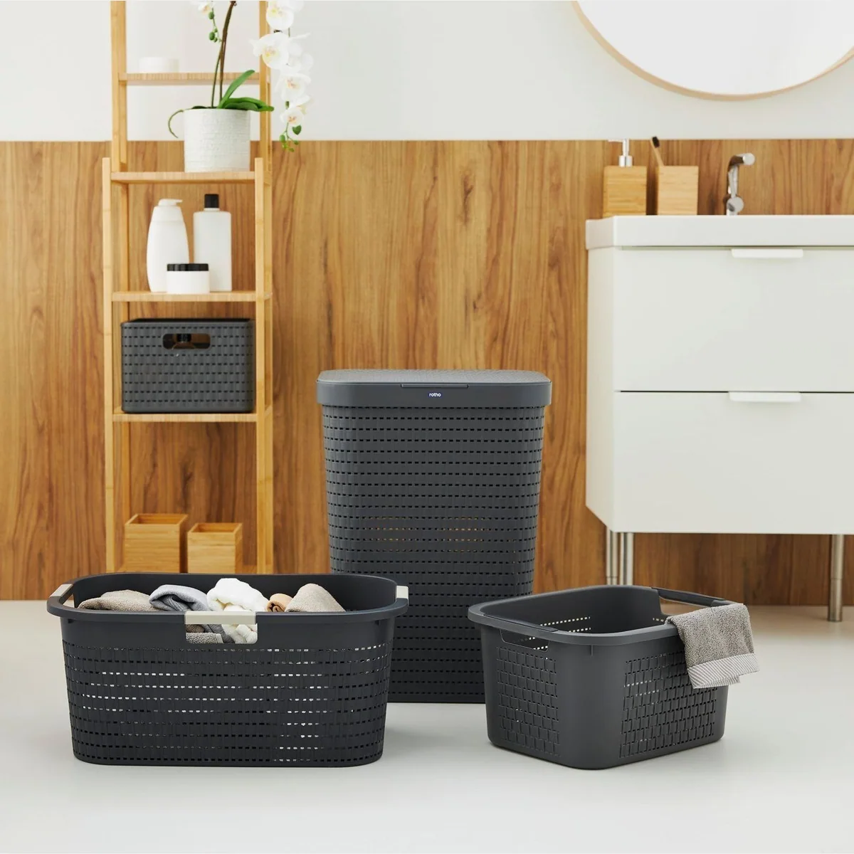 Rotho COUNTRY Wäschekorb, 55 l, mit Deckel und Tragegriffen – elegante Rattan-Optik, verbesserte Belüftung 5