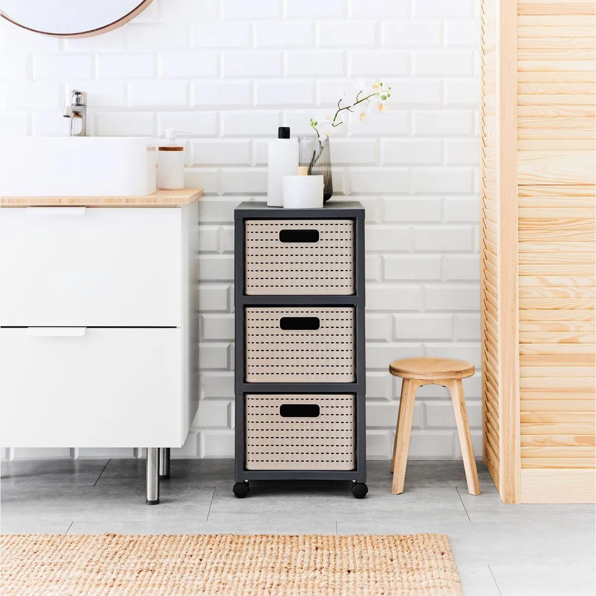 Rotho COUNTRY Rollcontainer, 3 Schubladen in Rattan-Optik, flexibel & pflegeleicht 2