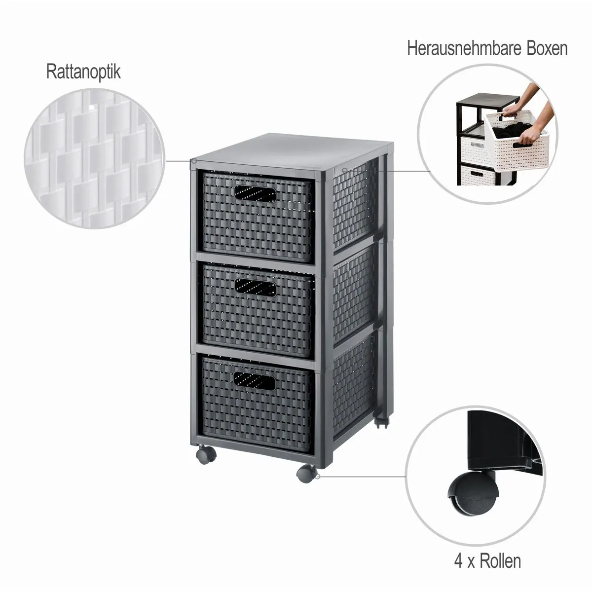Rotho COUNTRY Rollcontainer, 3 Schubladen in Rattan-Optik, flexibel & pflegeleicht 3