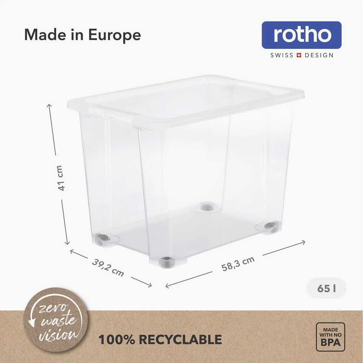 Rotho CORE BASIC 4er-Set Aufbewahrungsboxen, 65L Volumen, stapelbar und mobil 3