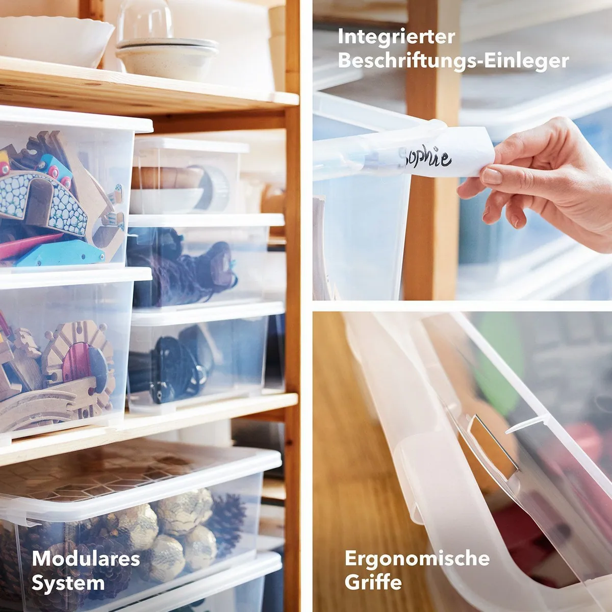 Rotho CORE BASIC 4er-Set Aufbewahrungsboxen, 65L Volumen, stapelbar und mobil 5