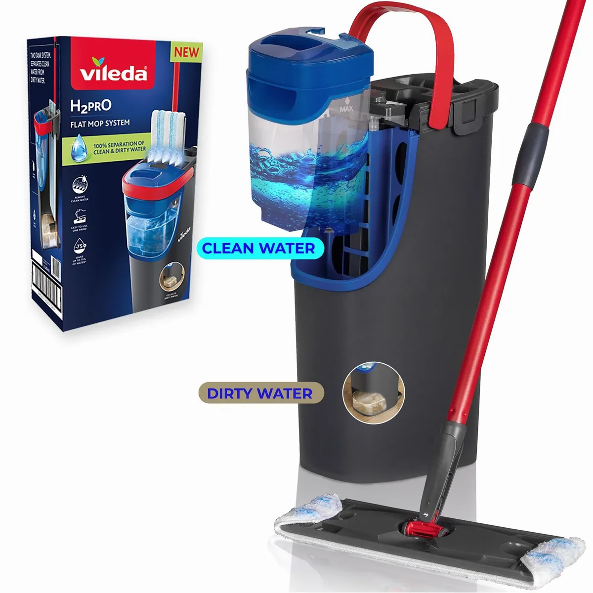 Vileda H2PrO Flachwischsystem, 100 % Trennung von Wasser, ergonomisches Design, Microfasertechnologie